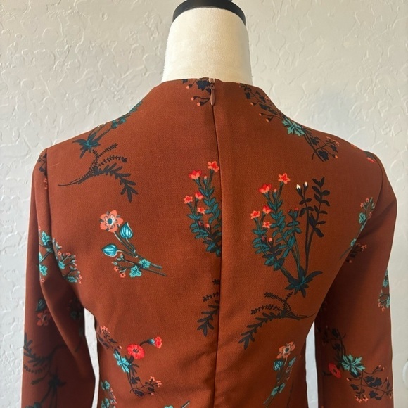 WAYF Brown Floral Long Sleeve Mock Neck Shift Dress Academia Preppy Size XS - Picture 6 of 13